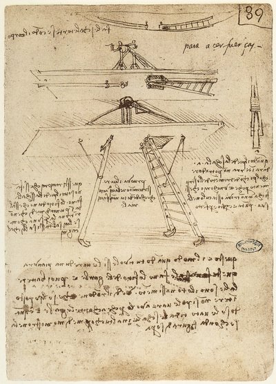 Ms B fol.89r飛行機械の離着陸装置、1487-90 作： Leonardo da Vinci